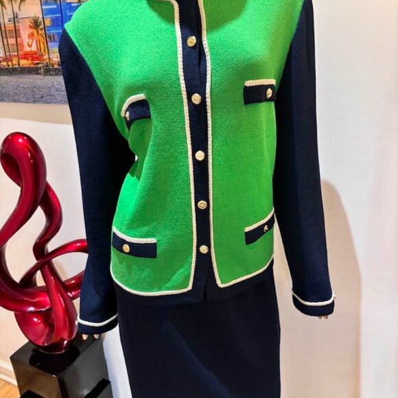 Hello Holidays St John outfit skirt suit kelly green blue 12 Large embellished